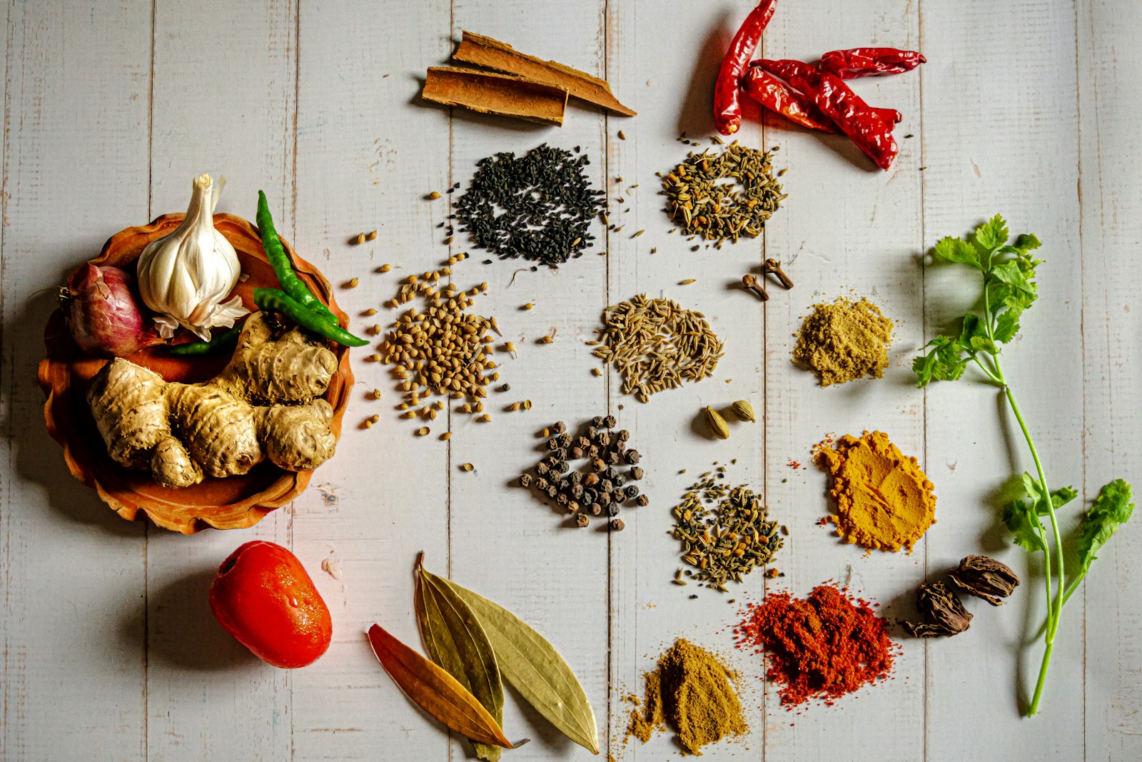 Bowls of whole and ground spices used in Punjabi cooking
